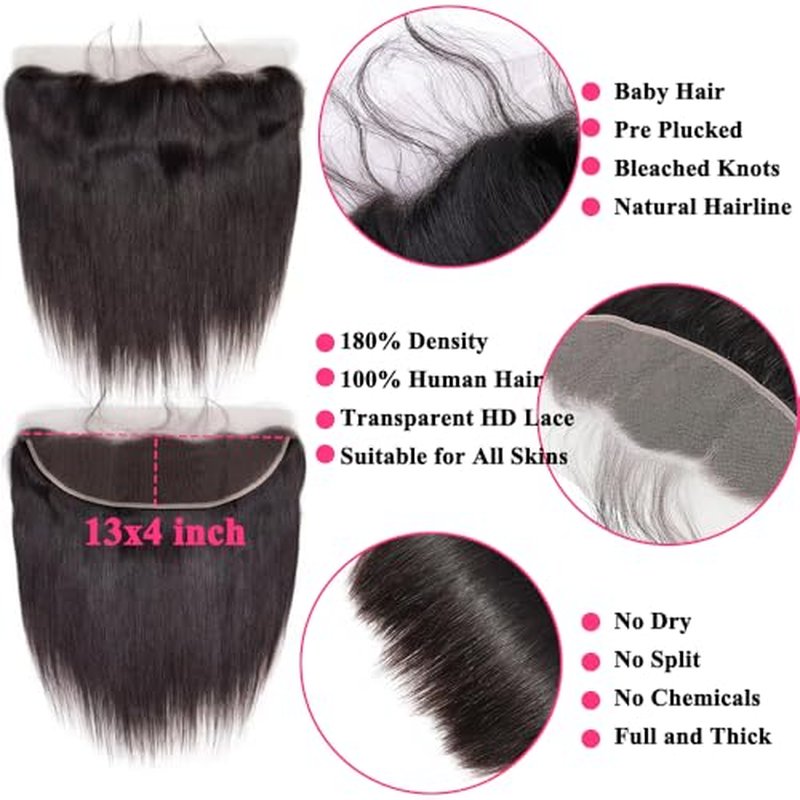 12A Straight Bundles with Frontal Human Hair 16 18 20+14 Inch Brazilian Human Hair Bundles with Frontal 100% Unprocessed Virgin Weave Hair with 13x4 HD Lace Closure