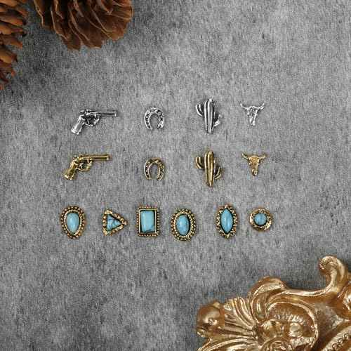 50 PCS Turquoise Nail Charms - 3D Western Nail Charms Vintage Turquoise Gems Stones Art, Retro Metal Gold Silver Cowboy Cowgirl Western Art Stickers Accessories Women DIY