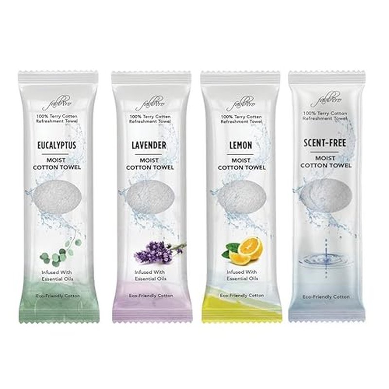 Oshibori Moist Terry Cotton Refreshment Towels (100 Pack,8x8 Inches)-White Scented Pre-moistened Essential Oil Infused Towel to Use Hot or Cold ? Unscented, Lavender, Lemon & Eucalyptus Scents