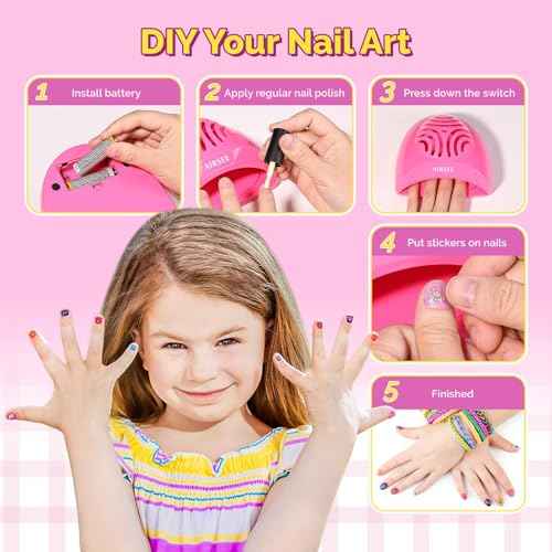 AIRSEE Kids Nail Dryer, Portable Nail Dryer, Mini Nail Fan for Regular Nail Polish - Birthday, Christmas, Party Gift for Grils, Battery Operated, DIY nail art, No Harmful, Two stickers included (Pink)