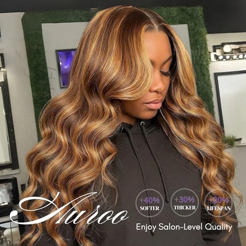 Honey Blonde Highlight Body Wave Bundles with Closure Human Hair, 12A 100% Thick Track Virgin Brazilian Wavy Weave P4/27 Ombre Brown Colored Bundles with 4x4 Closure Pre Plucked Remy 10 12 14+10