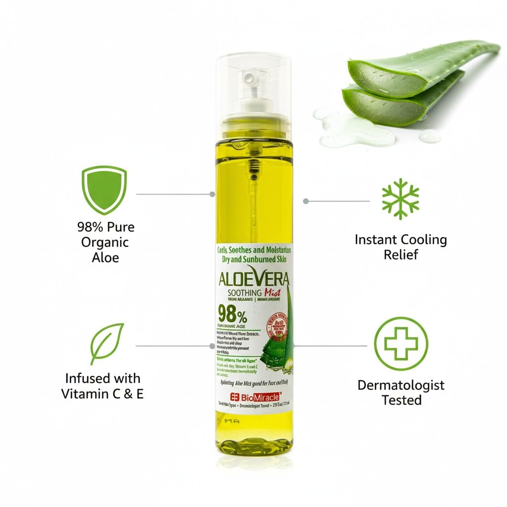 BioMiracle 98% Organic Aloe Vera Mist (3.9 oz) - Cooling Relief for Sunburn, Dry or Irritated Skin, Hydrating Spray with Vitamins C & E, 3-Pack
