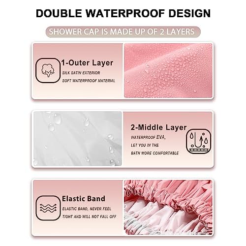 YIZIJIZI Shower Cap,Shower Caps for Women Reusable Waterproof,Two Layer Large Shower Caps Reusable Suitable for All Types of Straight Hair, Curly Hair, Long Hair,Braids (pink)