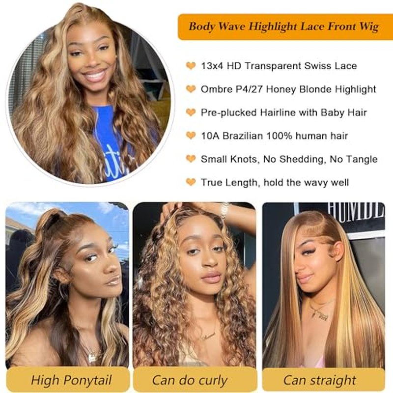 Highlight Ombre Lace Front Wigs Human Hair 28 Inch 13X4 Body Wave Honey Blonde HD Lace Front Wigs Human Hair Pre Plucked with Baby Hair 180% Density 4/27 Balayage Glueless Wigs for Black Women