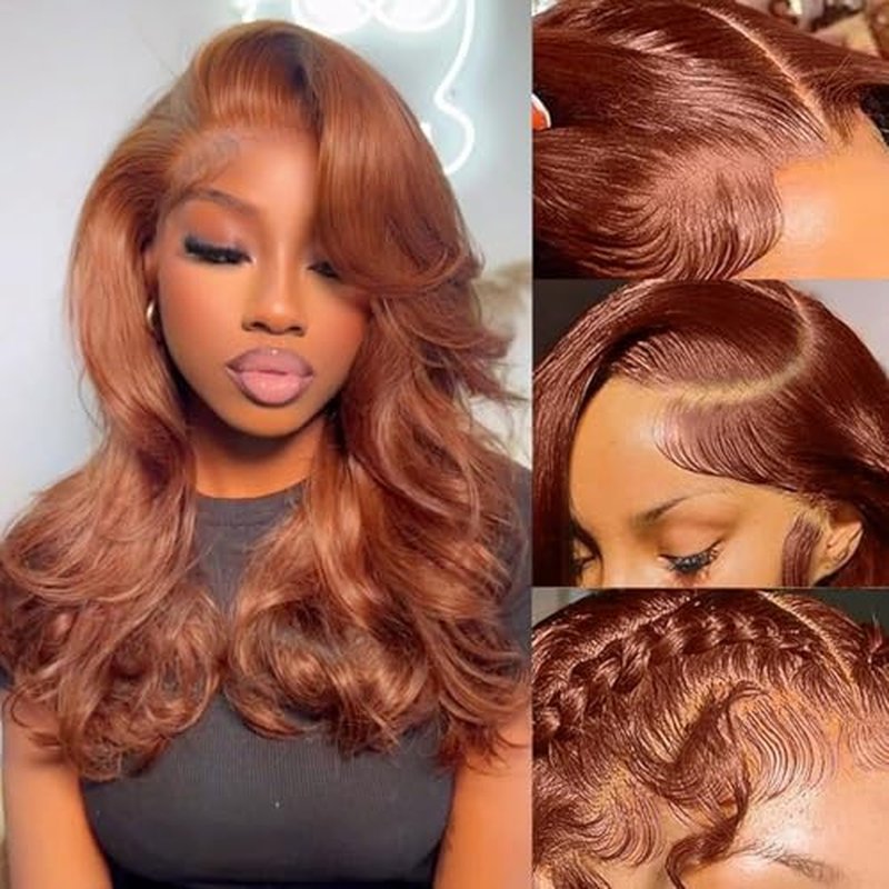 Reddish Brown Lace Front Wigs Human Hair Pre Plucked 13x6 Body Wave Lace Frontal Wigs Human Hair 16 Inch 180% Density Auburn Colored