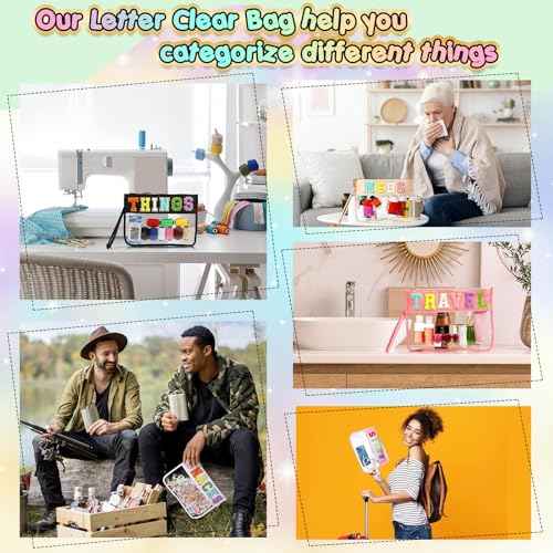 Abbylike 6 Pcs Chenille Letter Clear Zipper Pouch Summer Waterproof Cosmetic Pouch Travel Gym Beach Hawaii Bag Travel Patch Purse Makeup Letter Bag for Women Girls, 6 Colors(Charming Colors,Stylish)