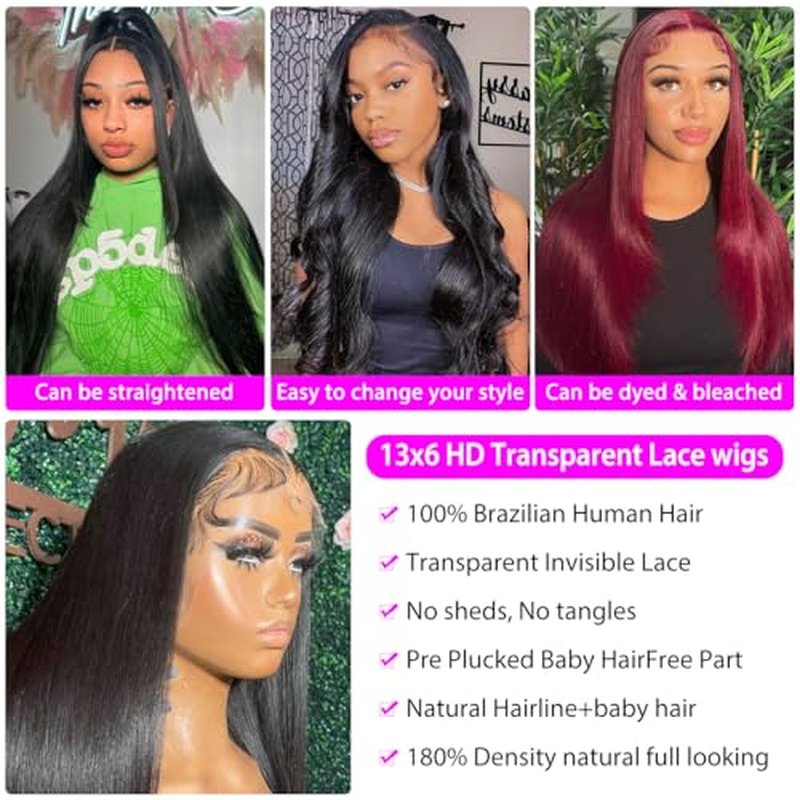 30 Inch Straight HD Lace Front Wigs Human Hair 180% Density Straight Wigs for Black Women Glueless Wigs 13x6 Straight Lace Front Wigs Pre Plucked HD Lace Frontal Wig