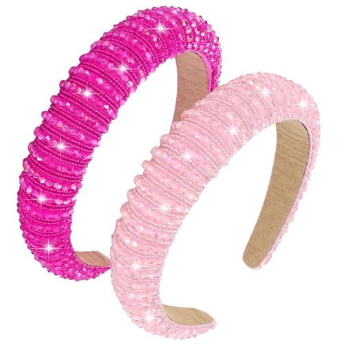 Wecoe 2pcs Pink Rose Red Rhinestone Headbands Women Girls Crystal Beaded Headband Fashion Cute Bling Sparkly Diamond Padded Thick Puffy Headbands Holiday Hair Accessories For Women Girls Gifts