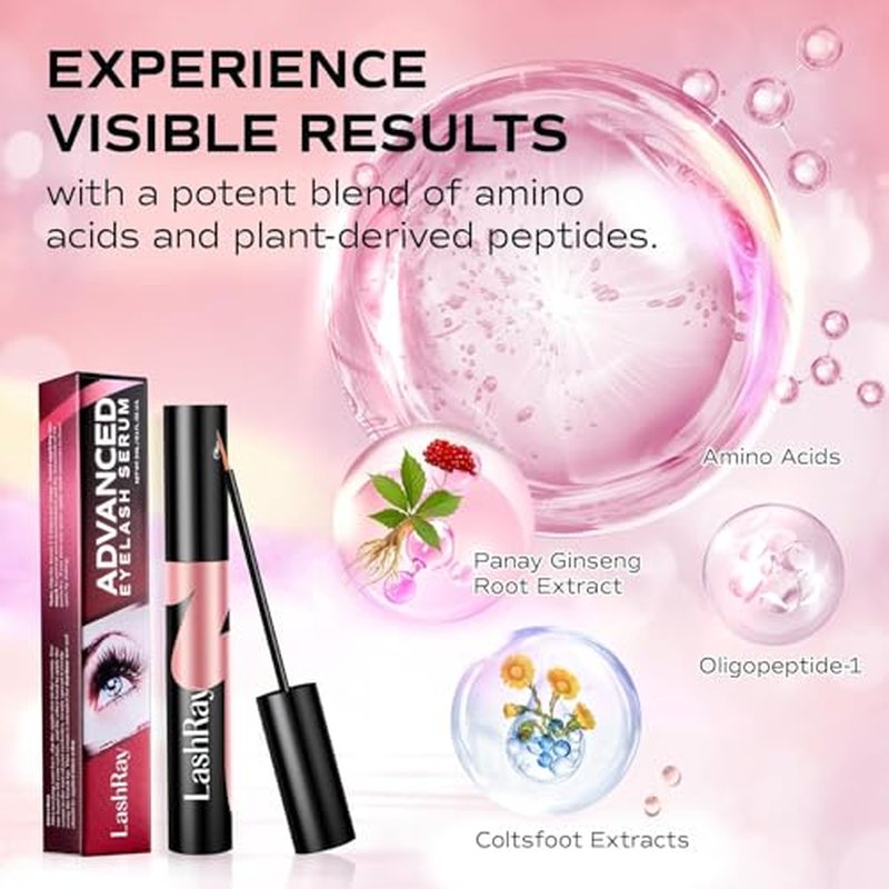 Advanced Lash Serum for Eyelash Growth: LashRay Eye Lash Enhancing Serum to Grow Longer Thicker Eyelashes for Women, 0.1 oz