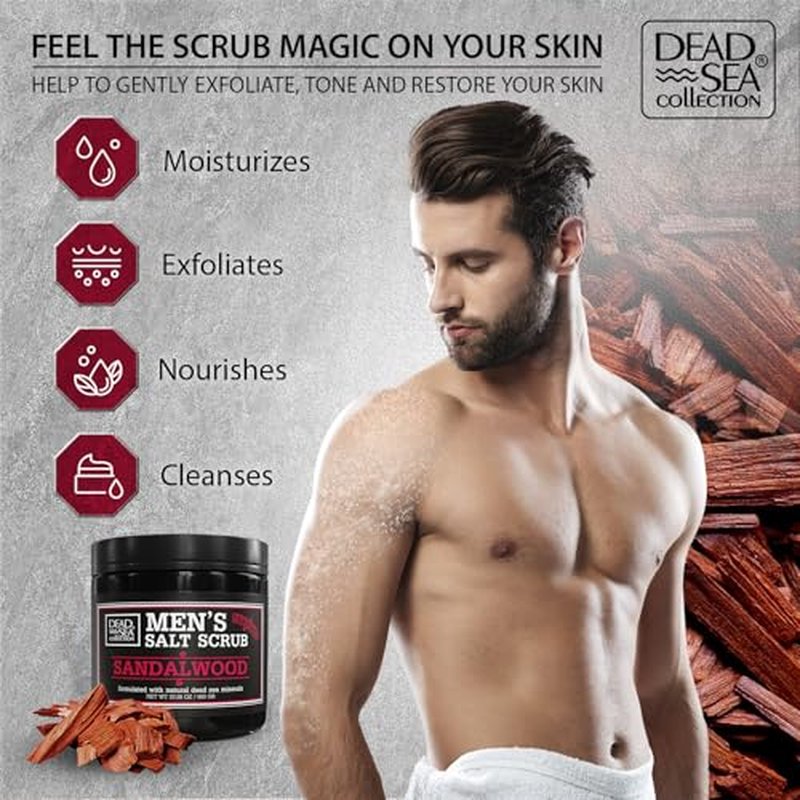 Salt Body Scrub Sandalwood For Men ? Moisturizes, Exfoliates & Nourishes Skin ? Cleanses & Detoxifies with Dead Sea Minerals - Dead Sea Collection ? 23.28 OZ