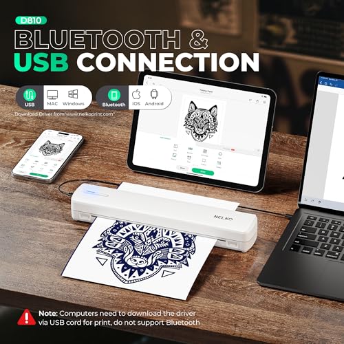 Nelko Tattoo Stencil Printer, D810 Wireless Thermal Tattoo Printer with 10pcs Tattoo Transfer Papers, Portable Tattoo Machine for Artist & Beginners, Compatible with Phones, Tablets & PC, White