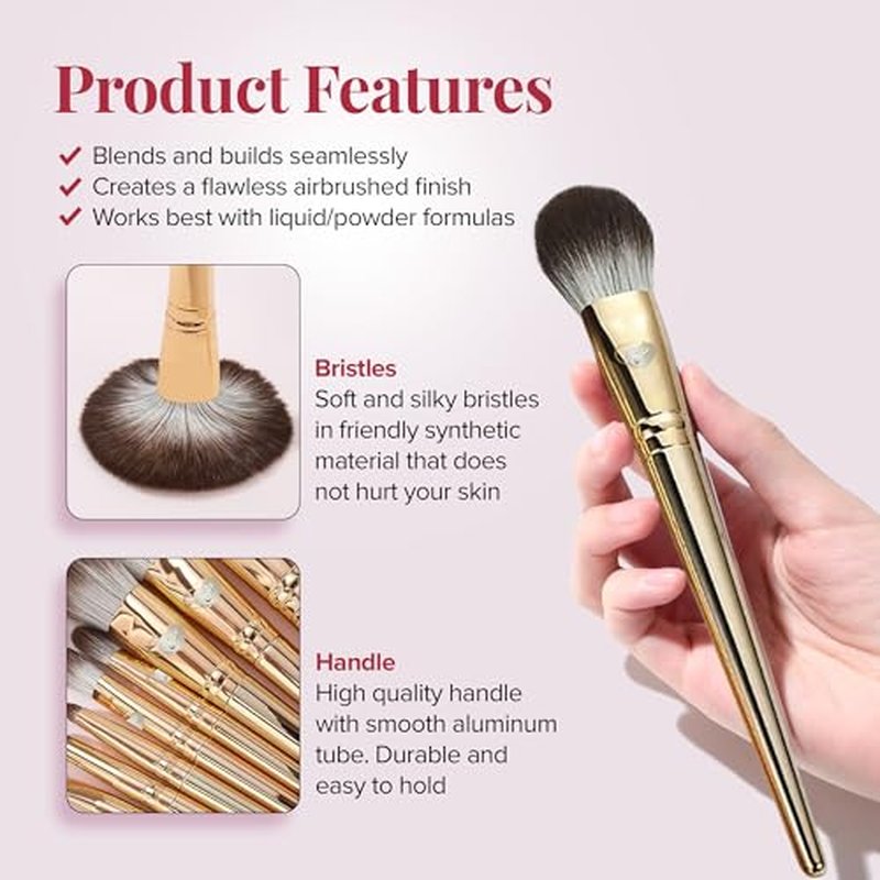 Delbar Gold Makeup Brushes by Lady of Eshgh | 8pc Full Face Makeup Brush Set with Travel Bag | Professional Make Up Brushes | Cruelty Free, Natural Hair-Like Bristles