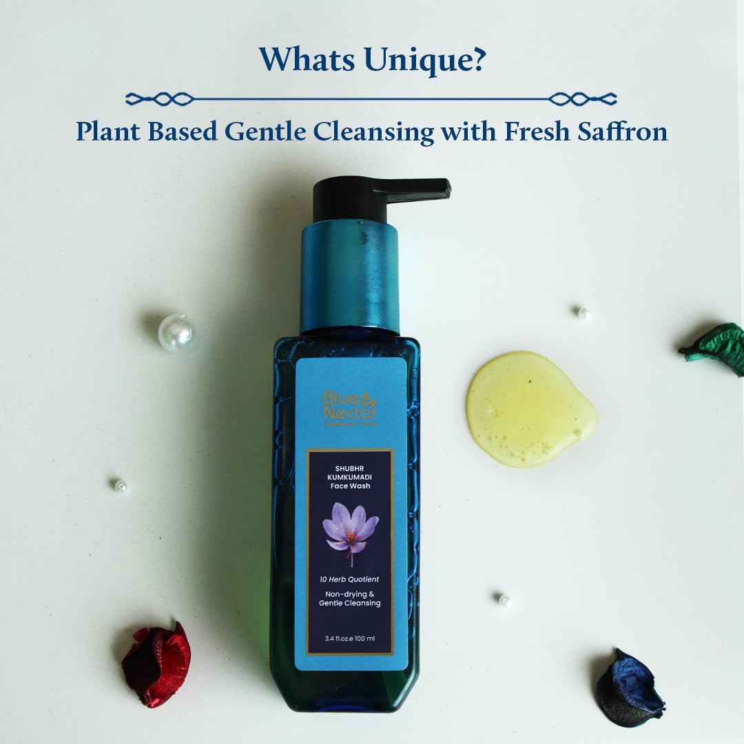 Blue Nectar Kumkumadi Brightening Face Wash with Saffron for Women & Men | Sulphate free Anti Pimple Face Cleanser (10 Herbs, 3.38 Fl Oz)
