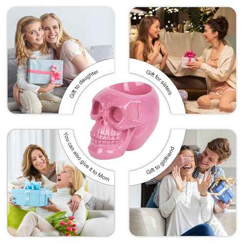 Skull Makeup Brush Holder, Skull Pen Holder, Gothic Skulls & Bones Organizer Bathroom Skeleton for Vanity Decor, Office Organizer, Planter (Pink)