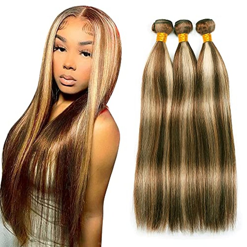 Blonde Bundles Human Hair Straight Bundles 18 20 22 Inch Unprocessed Brazilian Virgin Remy Hair 3 Bundle P4/613 Highlight Blonde Straight Human Hair Extensions 50 Gram Per Bundle