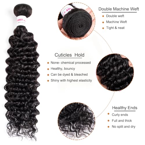 12A Deep Wave Human Hair Bundles 24Inch Curly Bundles Human Hair 100% Unprocessed Human Hair Bundles Deep Wave Weft Extensions Weave Natural Black 100g