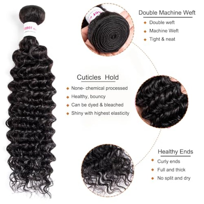 12A Deep Wave Human Hair Bundles 18-22Inch Curly Bundles 100% Unprocessed Brazilian Virgin Human Hair, 300g, Black, Sew-In, Deep Wave, Curly, Wavy