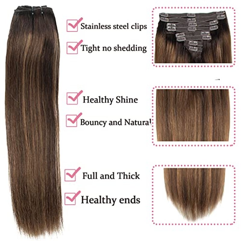 Clip in Hair Extensions Balayage Dark Brown Mixed Chestnut Brown Hair Extensions Clip in Human Hair Invisible Remy Natural Hair Silky Straight 120g 8pcs (24 inch, #2/6/2)