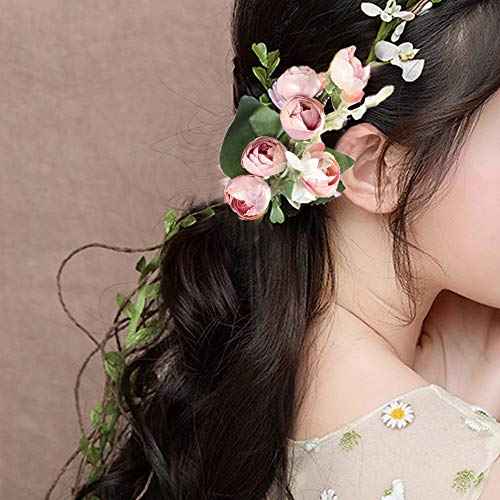 Flower Crown Headband Rose Wreath Garland Hair Bands Floral Wedding Bridal Hair Hoop Women Ladies Leaf Vine Party Decoration Headdress Headwear Christmas Handmade Headpiece Hair Accessories Pink