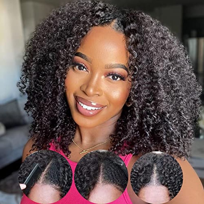 Nadula V Part Wig Kinky Curly Human Hair No Leave Out Glueless Upgraded U Part Wigs for Women,10A Malaysian Afro Curly V-part Wigs V Shape Clip in Half Wig Beginner Friendly 150% Density 16inch