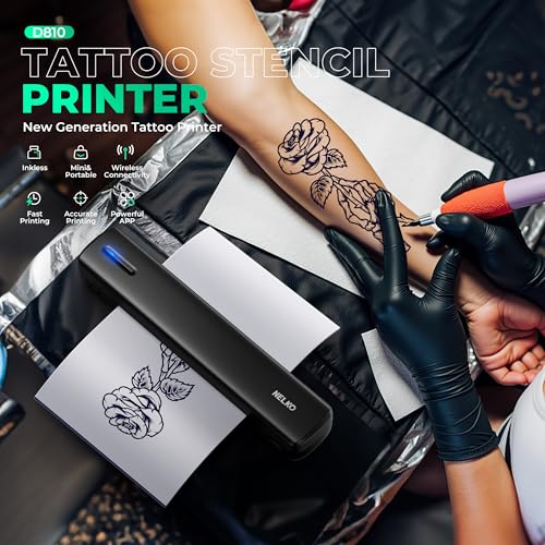 Nelko D810 Tattoo Stencil Printer, Wireless Thermal Tattoo Printer with 10pcs Tattoo Transfer Papers, Portable Tattoo Machine for Artist & Beginners, Compatible with Phone Pad and PC, Grey