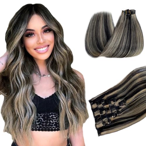Belaved Clip in Hair Extensions, 20 Inch 70g Black Mix Blonde Clip in Hair Extensions Real Human Hair 7pcs Straight Double Weft Nature Ends