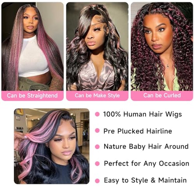 Avolo Highlight Ombre Lace Front Wig Human Hair 13x4 Body Wave 1B/Pink Colored Lace Front Wig Human Hair Pre Plucked With Baby Hair Black And Pink Wig Human Hair 180% Density 24 Inch Skunk Stripe Wig
