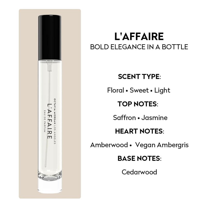 OCTAVIA MORGAN L’AFFAIRE Eau de Parfum - Floral Sweet Fragrance with Jasmine, Saffron, Amberwood & Vegan Ambergris - Travel Size Clean, Vegan & Long-Lasting Spray Perfume for Women & Men - 10ML