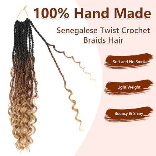 Senegalese Twist Crochet Hair with Curly Ends - 16 Inch Boho Island Twist Crochet Hair 8 Packs Boho Goddess Twist Crochet Hair Pre Looped Crochet Twists with Curly Ends(16(8Packs), 1B/30/27)
