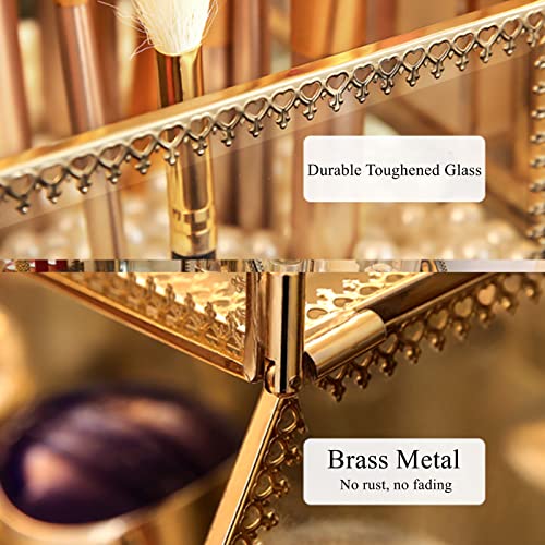 ZOOFOX 360 Degree Rotating Glass Makeup Organizer, Large Cosmetics Storage Display Holder with Gold Trim for Vanity, Clear Makeup Carousel for Perfume, Cosmetics, Brushes, Lotion, Lipsticks