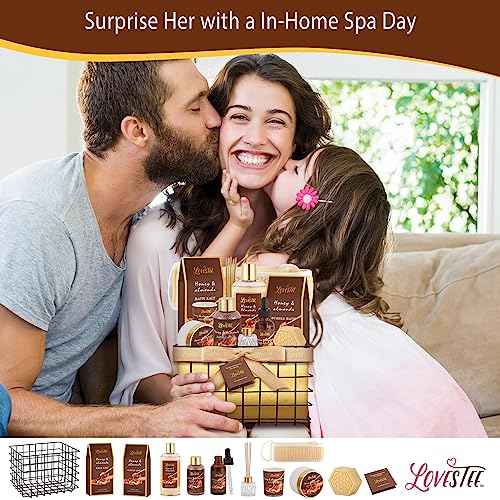 Mother's Day Spa Gift Baskets For Women, Honey Almond Body Set, Birthday Gift - Shower Gel, Bubble Bath, Body Butter, Bath Salt, Oil, Candle, Caviar, Soap, Home Diffuser, Scrubber
