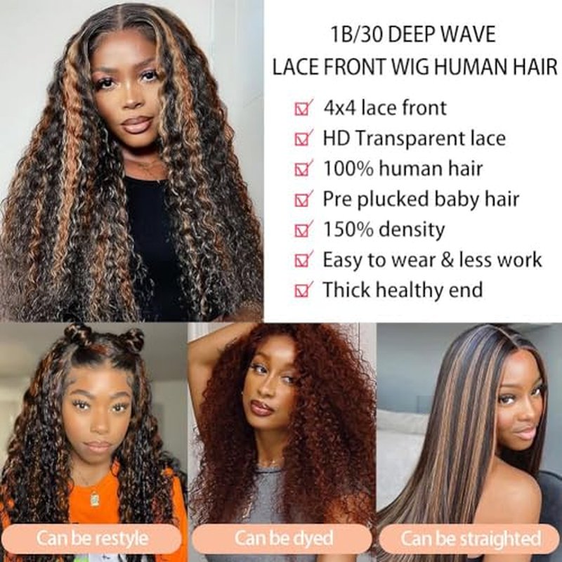 Super idol Highlight Deep Wave Lace Front Wigs Human Hair Brazilian Ombre Lace Closure Wig 4¡¿4 Lace Front 22 Inch Ombre Human Hair Wig Free Part Human Hair Wig Human Hair Wig for Black Women