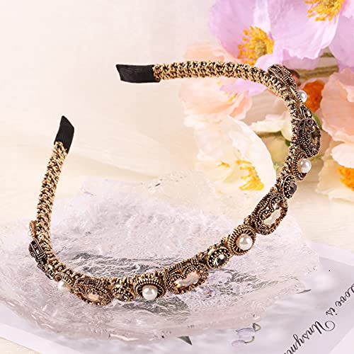 YARN & INK Gold Rhinestone Pearls Headbands for Women Girls, Non Slip Bling Headband Hair Accessories Retro Christmas Gift (Baroque Champagne)