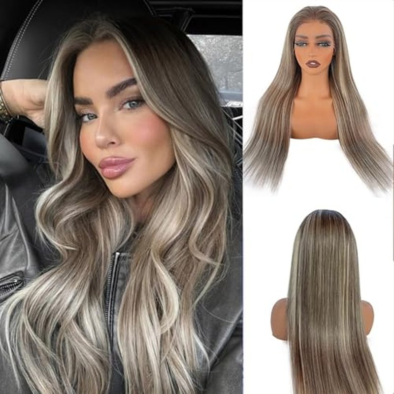 18 Inch Highlights Brown Human Hair Wigs for White Women Ombre Ash Brown Mixed Balayage Blonde with #3 Brown Roots 13x6 HD Glueless Lace Front Wig Human Hair 180% Density Pre Plucked Bleached Knots