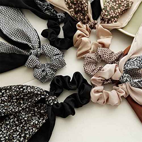 Bandana Hair Scrunchies with Ribbon Bow Scarf Scrunchies for Women, Elegant Floral Hair Ties Plaid Scarf Scrunchies (6 PCS Double Layer)