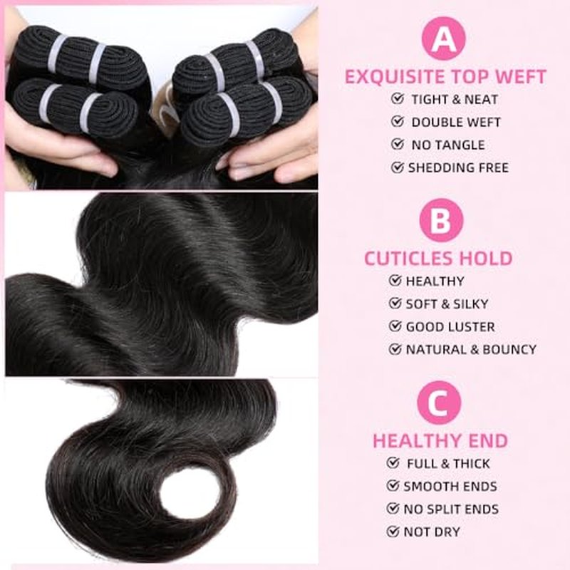 Perismoda Body Wave Human Hair Bundles 15A Raw Human Hair Bundles 100% Unprocessed Brazilian Virgin Human Hair Extensions 30 Inch Quick Weave Hair Extensions Natural Color