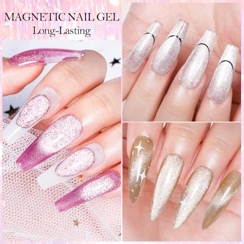 MEET ACROSS Ice Cat Eye Gel Nail Polish Set Soak Off UV LED Light Starry Sky Effect Magic Gel Nail Polish Kit Manicure Nail Art Gift Kit 6 Colors Free Magnet Stick
