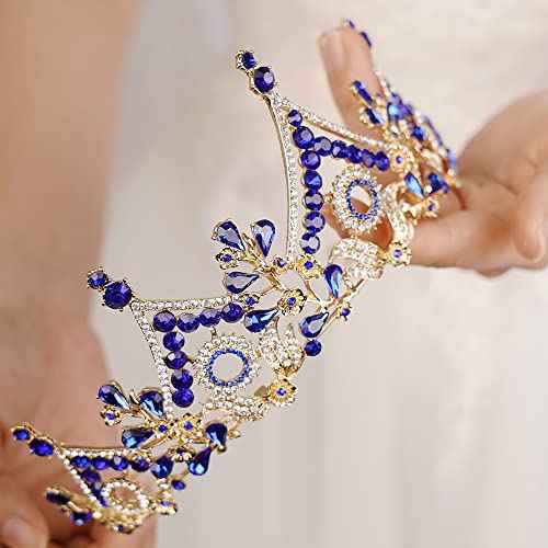 Wekicici Baroque Queen Crown Blue Crystal Tiara Rhinestone Princess Wedding Headband for Women Birthday Pageant Party(Blue)