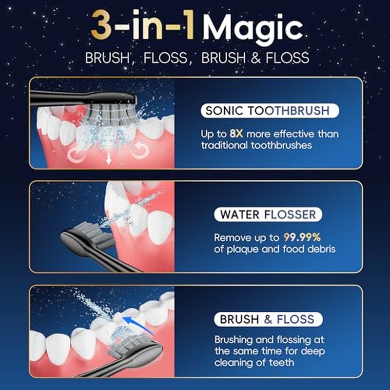 Electric Toothbrush with Water Flosser Combo in One, Professional Flossing Toothbrush for Teeth Cleaning and Flossing, Plaque Removal, Rechargeable, 5 Brush Modes & 3 Flossing Speeds, 500ML