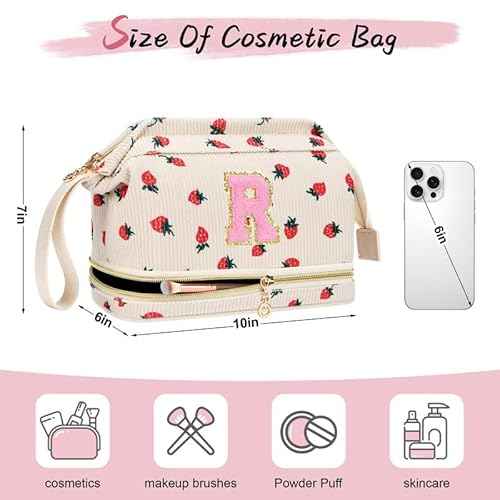 Personalized Initial Makeup Bag,Strawberry Quilted Makeup bag Christmas Gifts for Girls,Double Layer Travel cosmetic Bag with Make up Brush Organizer,Cute Travel Toiletry Pouch-I