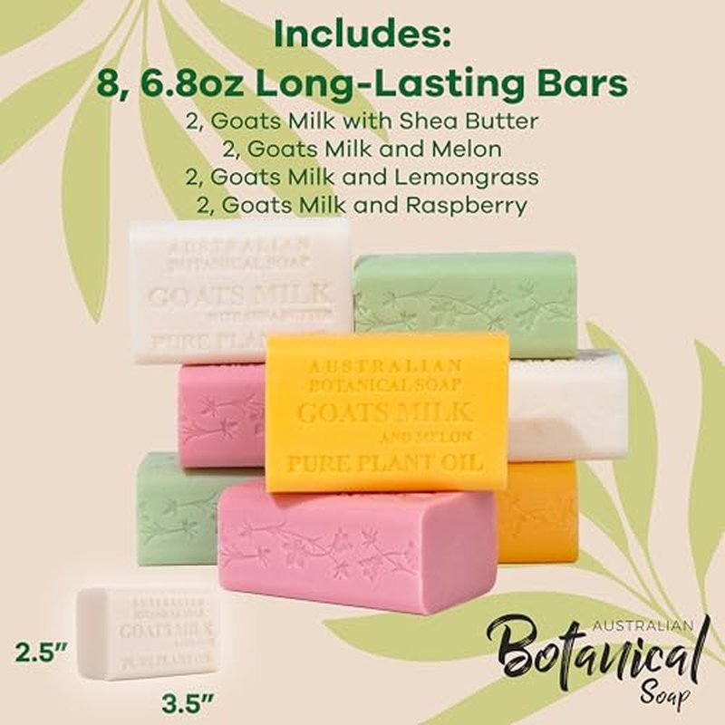 Australian Botanical Milk Soap Bars, 6.8 OZ French Triple Milled Soap for All Skin Types - Lemongrass, Melon, Raspberry, and Shea Butter, Pack of 8 - Packaging May Vary
