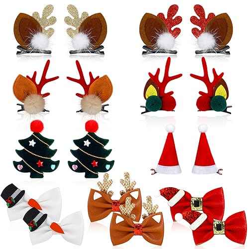 Tigeen 18 Pcs Christmas Hair Clips Cute Accessories Christmas Tree Reindeer Ear Hat Hair Clips Bowknot Barrettes Alligator Cosplay Punk Novelty Hair Accessories for Christmas Cosplay Women (Cute)