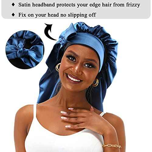 Extra Large Satin Bonnet Sleep Cap for Women, Double Layer Silky Hair Bonnet with Tie Band for Braids/Curly/Long Hair - Royal Blue