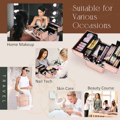 FRENESSA Makeup Train Case Cosmetic Box Portable Makeup Case Organizer 4 Trays Lock Travel Storage Organizer with Dividers Make Up Artist Vanity Hard Nail Spa Beauty Box Rose Gold Floral