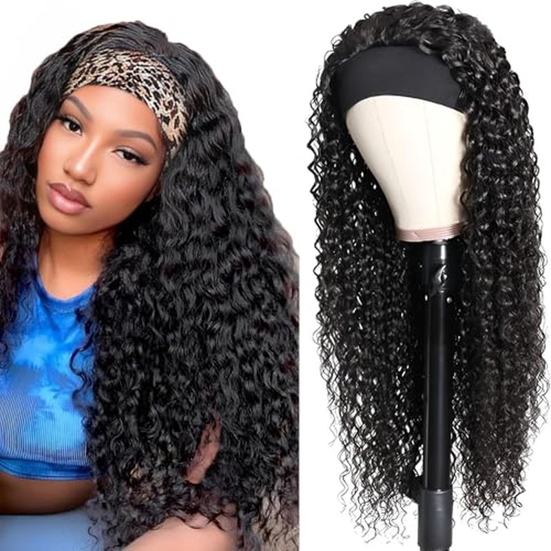 Deep Wave Headband Wig Human Hair 24 Inch Curly Headband Wigs for Black Women Human Hair Glueless None Lace Front Wigs Brazilian Virgin Hair Wig Machine Made 150% Density Natural Black Color