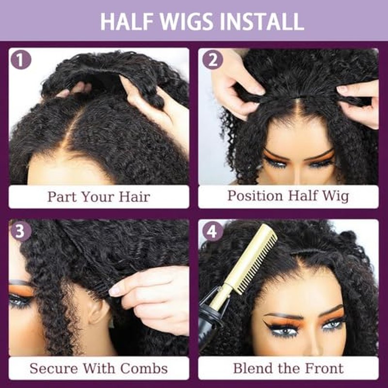 16 Inch Curly Half Wig Human Hair 220% Density Water Wave Half Wig 3 In 1 Seamless Flip Over with Drawstring Invisible Hairline Beginner Friendly Wear and Go Glueless Wigs Headband Wig for Women