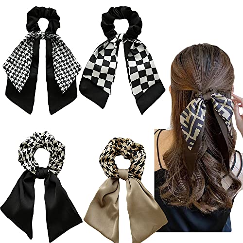 4PCS Short Hair Scarf with Ribbon Bow Scrunchies, Plaid Hair Ties, Chiffon Bowknot Hair Scrunchies for Women