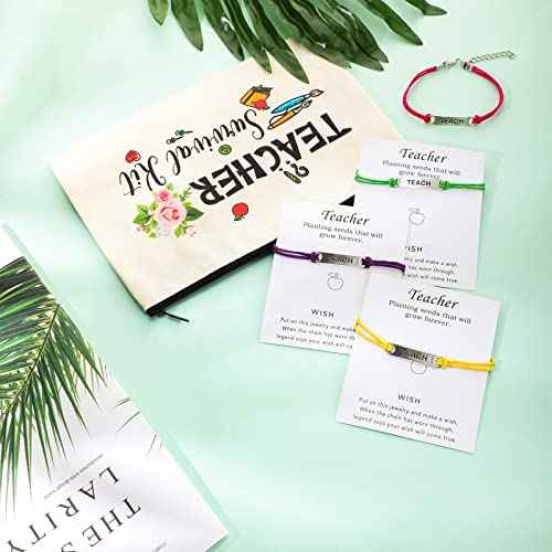 Weewooday 12 Pcs Teacher Appreciation Present Set 6 Teacher Survival Kit Bag Makeup Pouch Pencil Bag, 6 Blessing Card Bracelet Kit(9 x 5.9 Inch,Cute Style)
