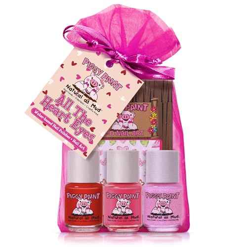Piggy Paint | 100% Non-Toxic Girls Nail Polish | Safe, Cruelty-free, Vegan, & Low Odor for Kids | All the Heart Eyes (3 Polish + Nail Art Gift Set)