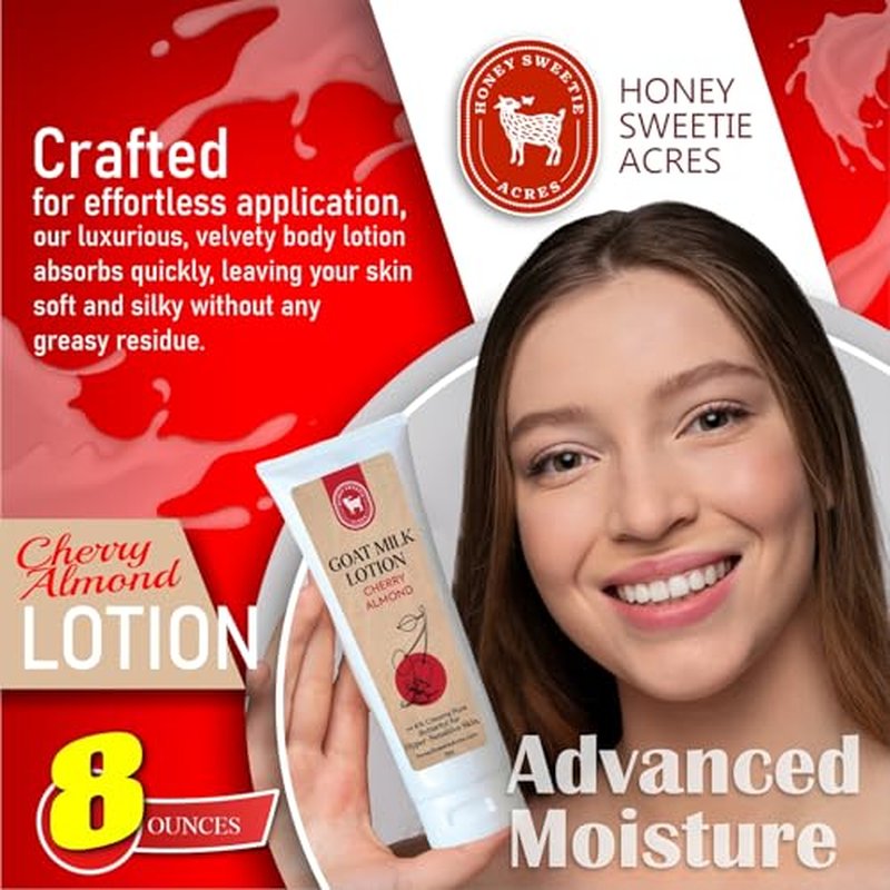 Honey Sweetie Acres Fresh Off The Goat All-Natural Goat Milk 8 oz Cherry Almond Body Lotion is a cruelty-free, handmade lotion that hydrates and moisturizes - Made in the USA
